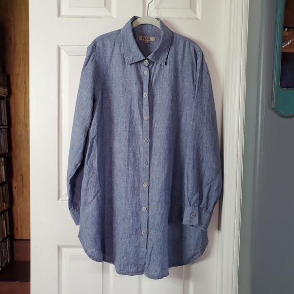 Flax Tops - Flax Blue Linen Button Down Tunic Shirt Breathable Long Sleeves Chambray Medium